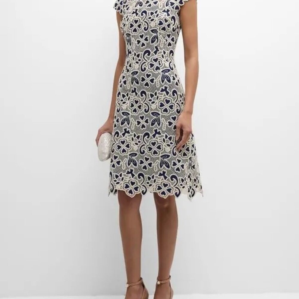Teri Jon Navy and Cream Lace Midi Women's Cocktail Dress Size 4